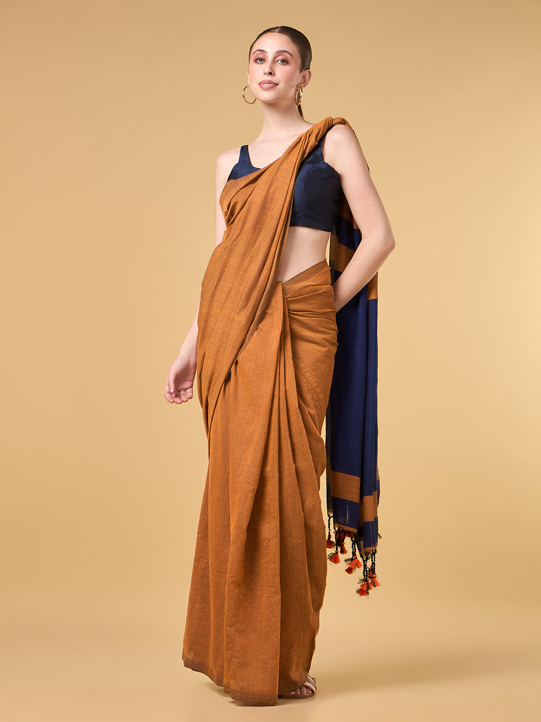 Dark Orange Blue Contrast Cotton Saree