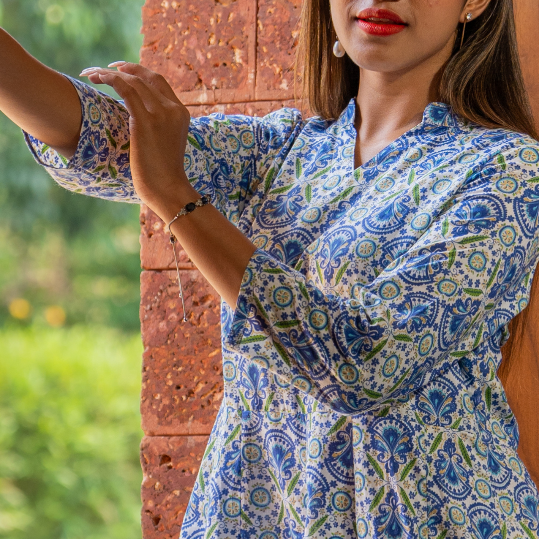 Blue French Country Printed Cotton Dress