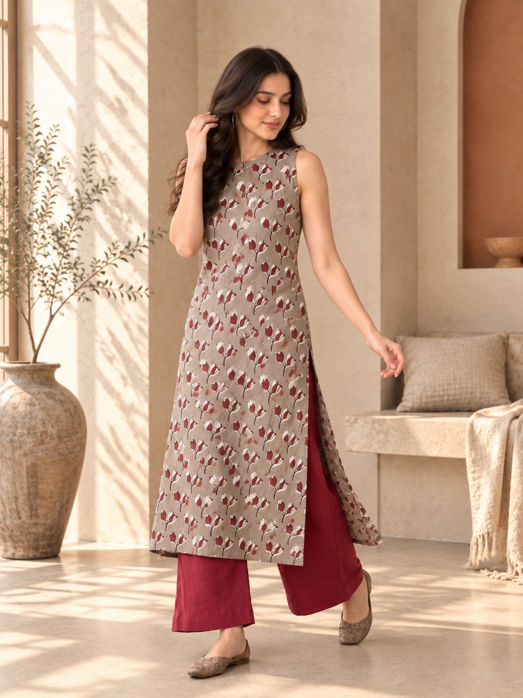 Misty Mud Floral A-line Cotton Kurta