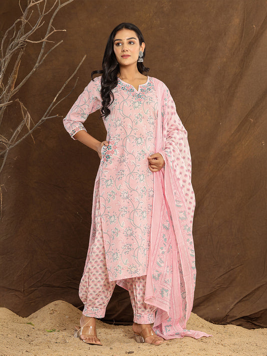 Baby Pink Lotus Printed Afghani Cotton Suit