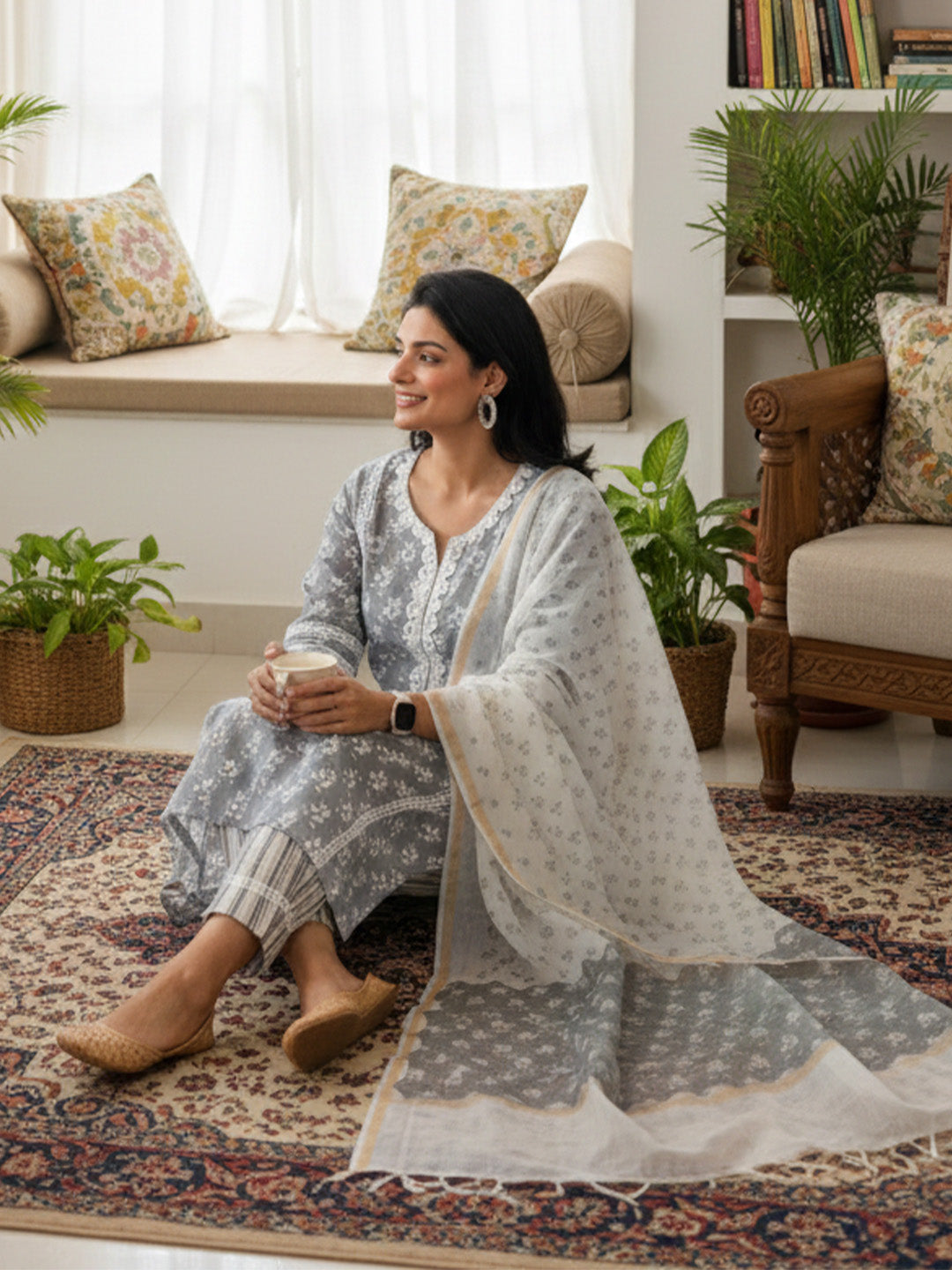 Floral Grey with Lace Work Striped Pant Cotton Suit