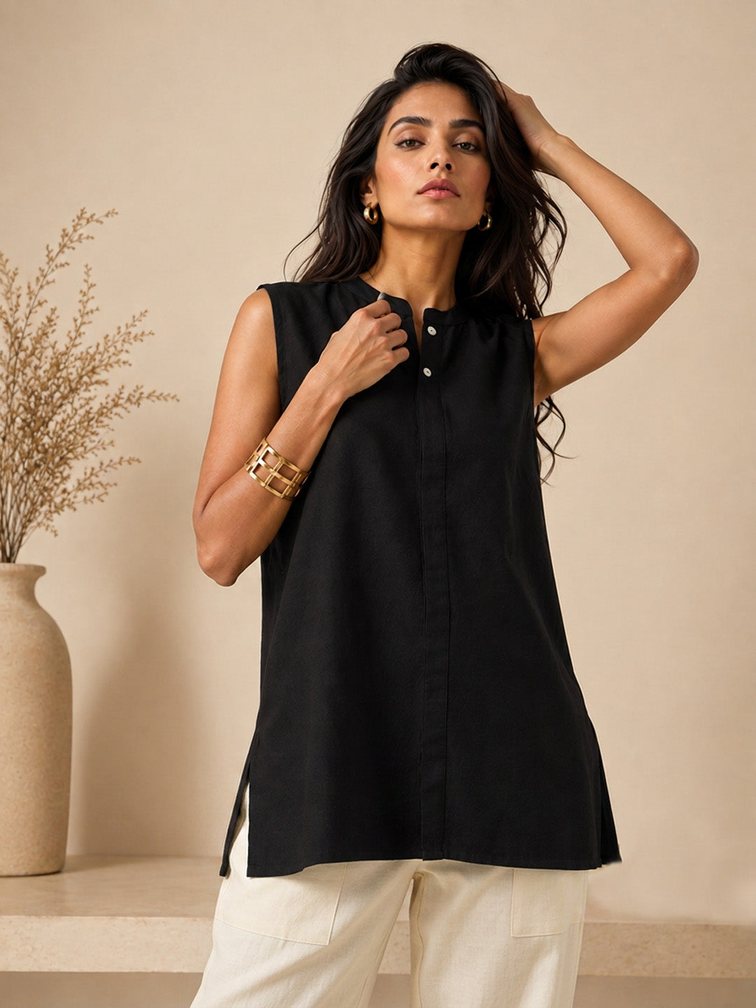 Linen Black Solid Short kurta