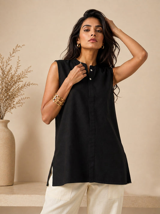 Linen Black Solid Short kurta