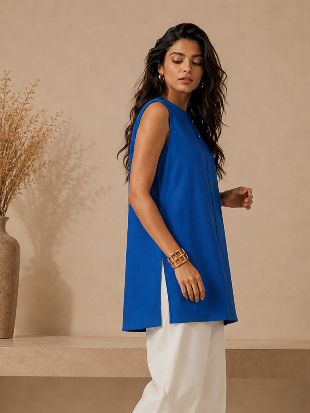 Linen Royal Blue Solid Short kurta