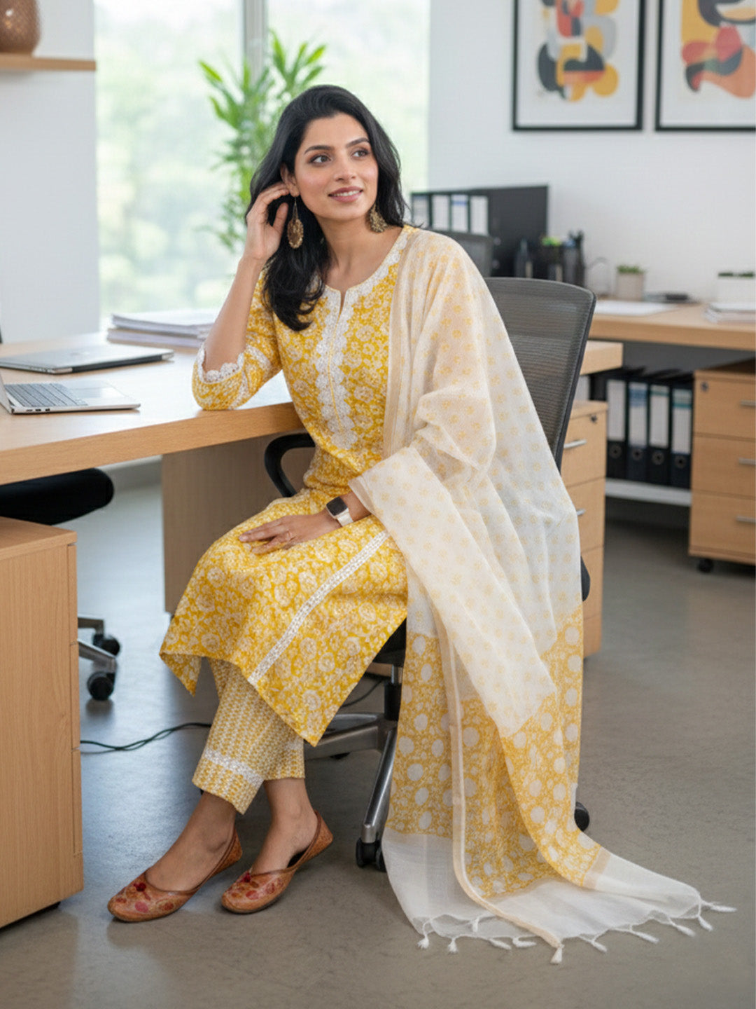 Amber Yellow Floral Print with Lace Work Cotton Suit