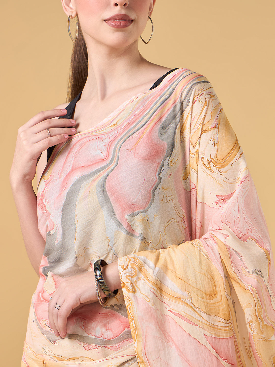 Pale Grey Hand Marble Printed Cotton Saree