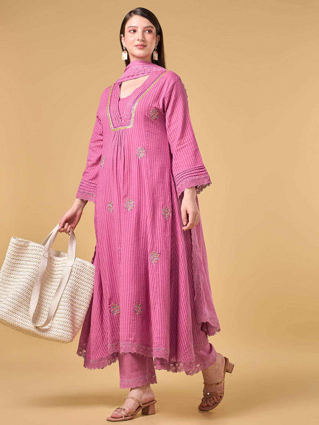 Pink Stripe Embroidered Cotton Suit