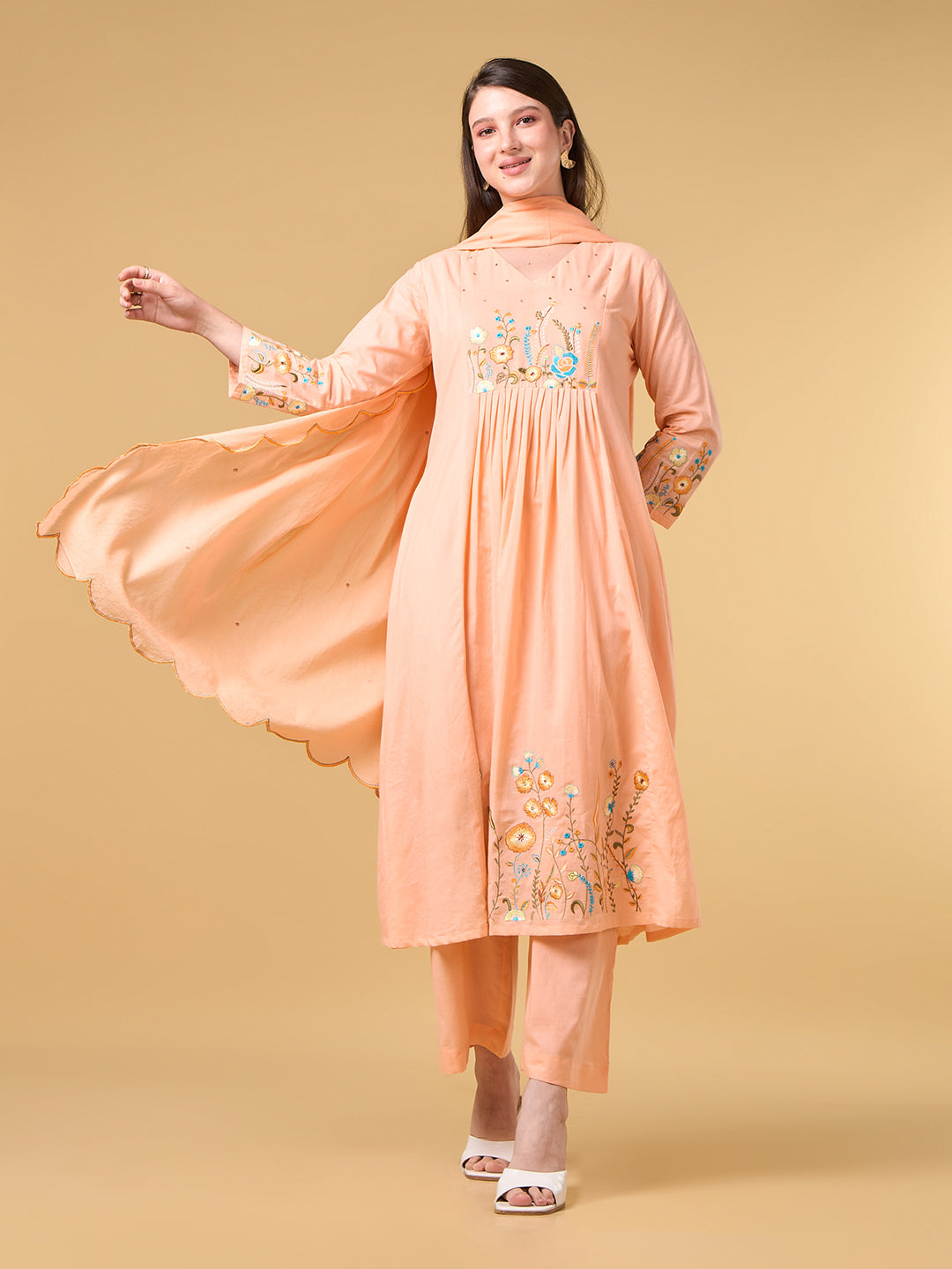 Peach Embroidered Cotton Suit