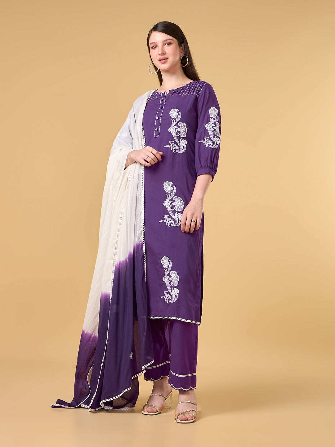 Dark Purple Embroidered Cotton Suit