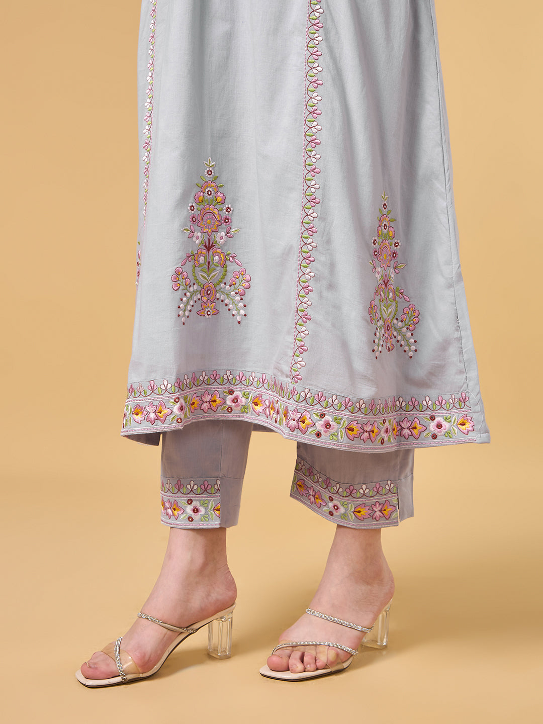 Grey Embroidered Cotton Suit