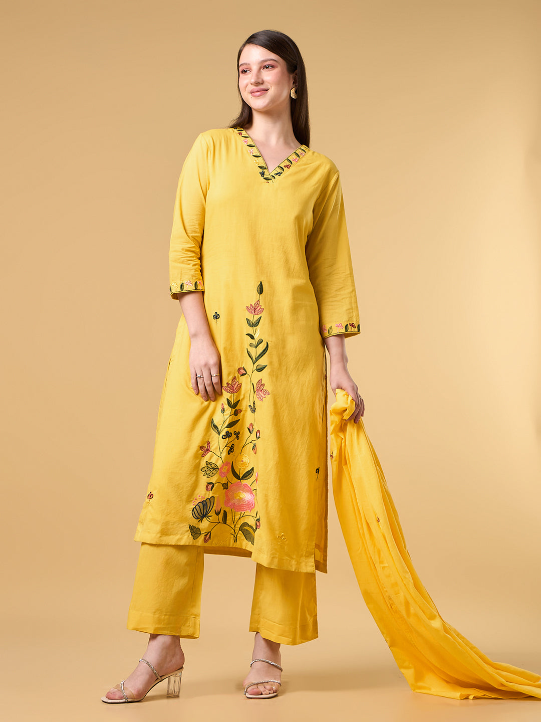 Yellow Embroidered Cotton Suit