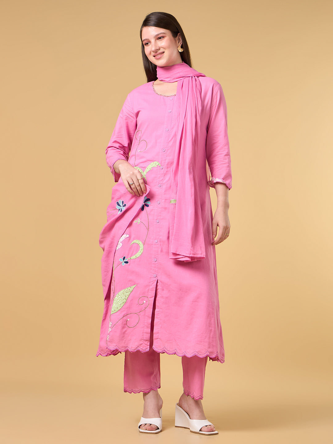 Pink Embroidered Cotton Suit