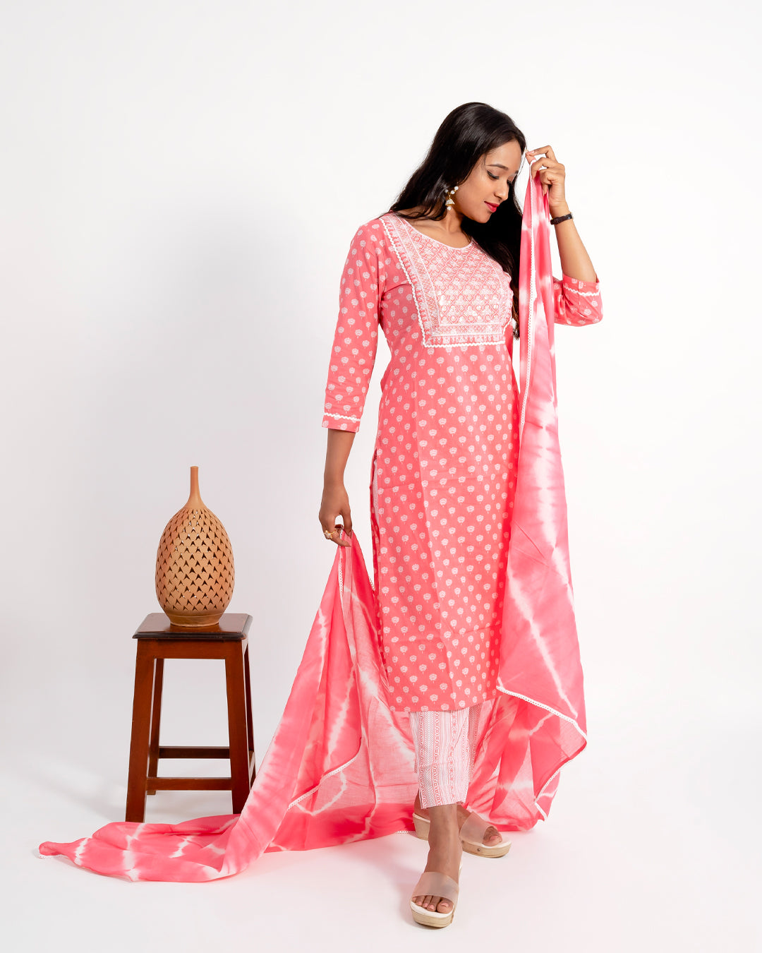 Pink with Zari Mirror Work With Striped Pant & Dye Dupatta Cotton Suits
