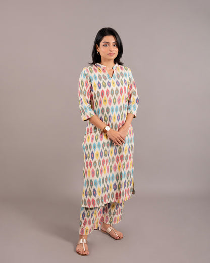 Off White Pochampally Multicolor Ikkat Kurta Pant Co-ord set