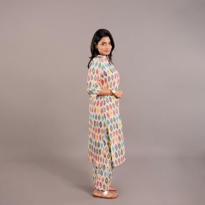 Off White Pochampally Multicolor Ikkat Kurta Pant Co-ord set