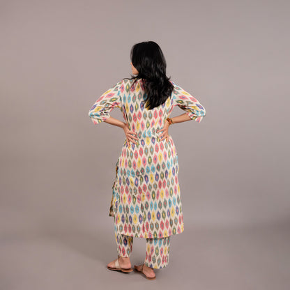 Off White Pochampally Multicolor Ikkat Kurta Pant Co-ord set