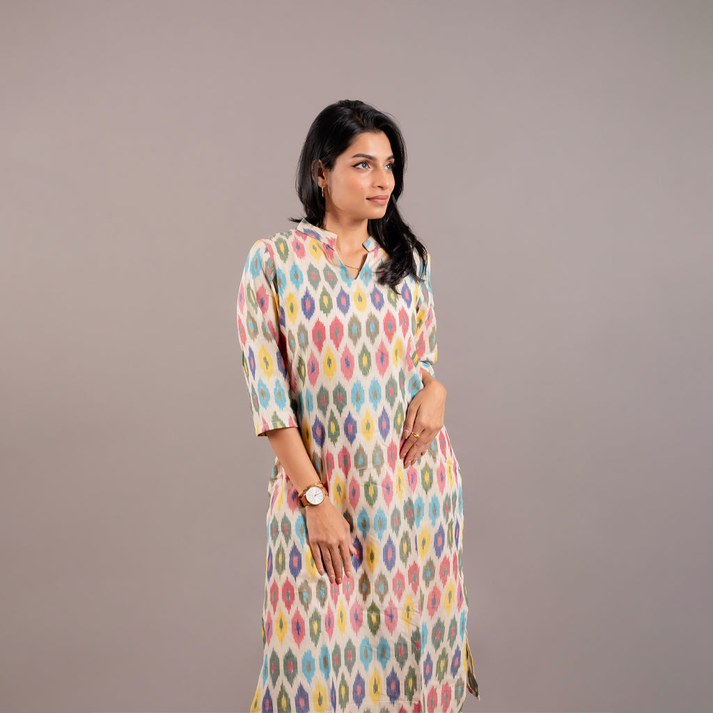 Off White Pochampally Multicolor Ikkat Kurta Pant Co-ord set