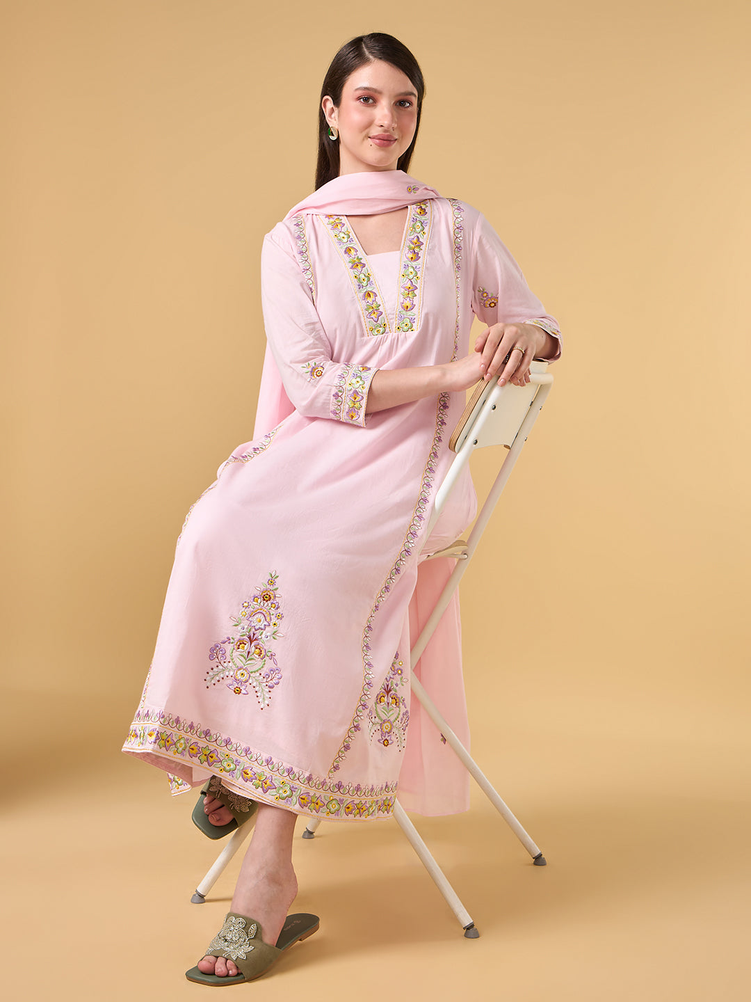 Pastel Pink Embroidered Cotton Suit