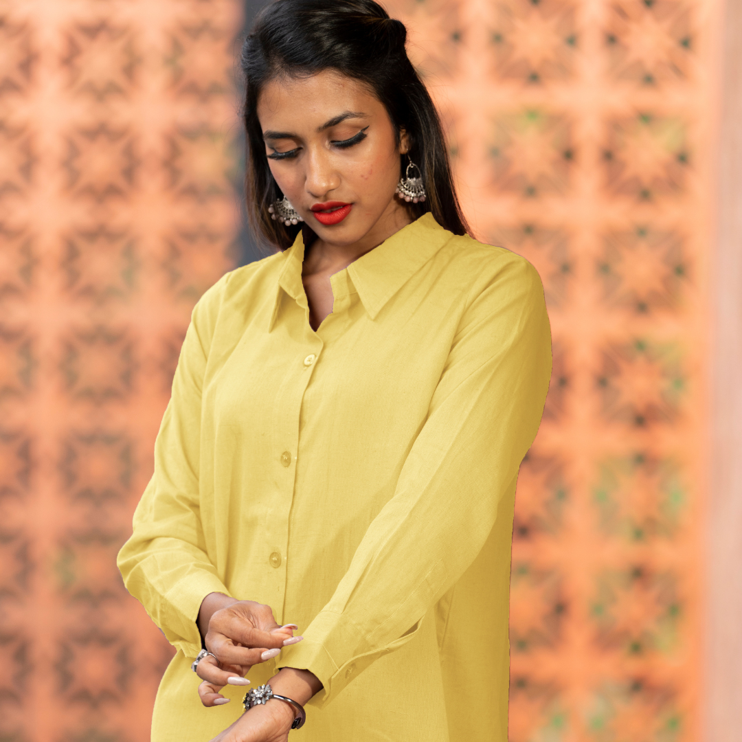 French Pastel Yellow Cotton Shirt Dress