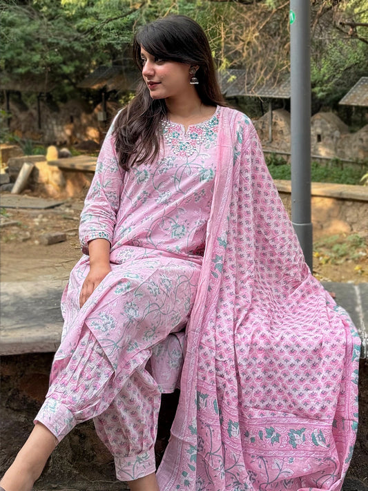 Baby Pink Lotus Printed Afghani Cotton Suit