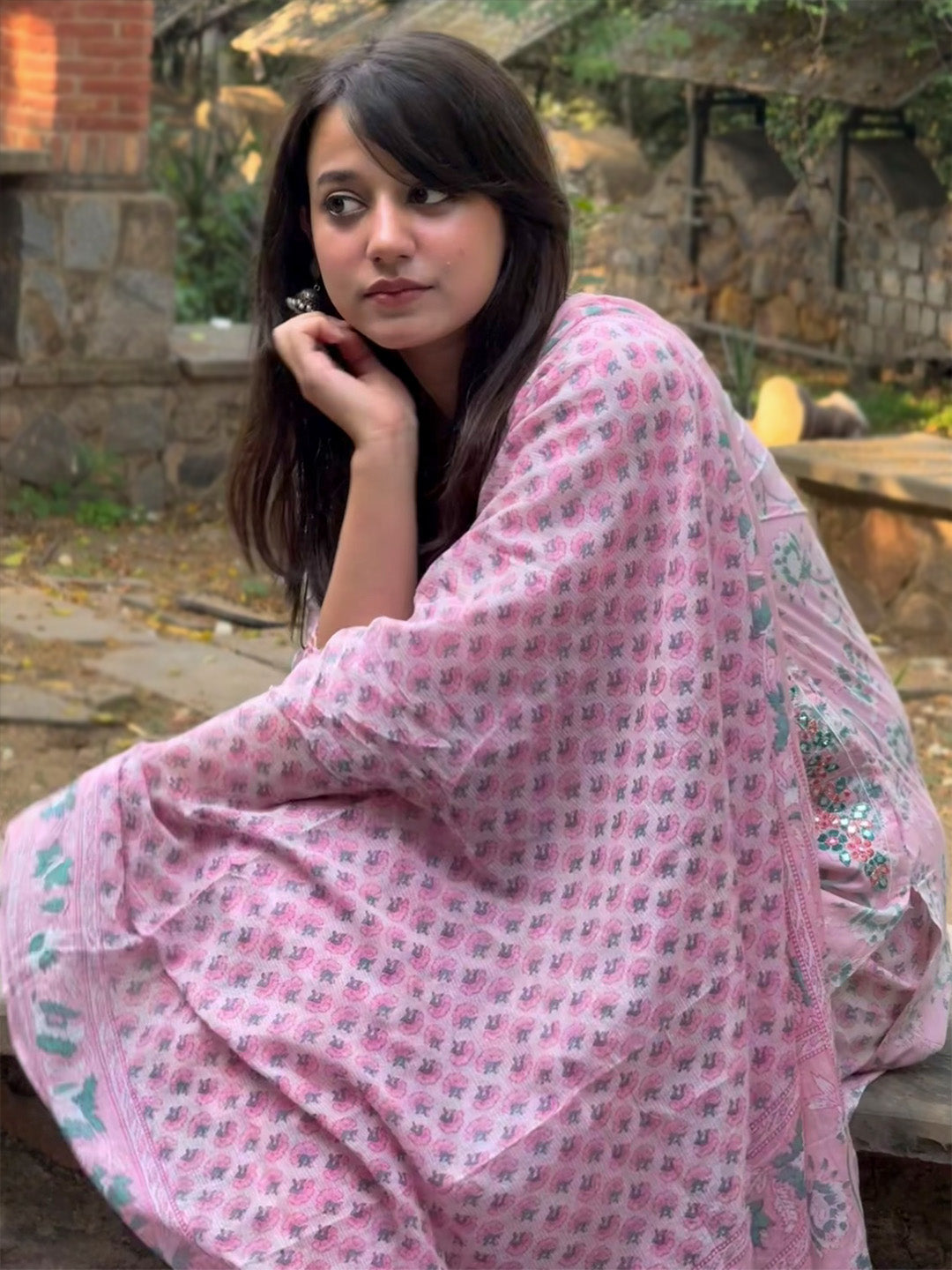 Baby Pink Lotus Printed Afghani Cotton Suit