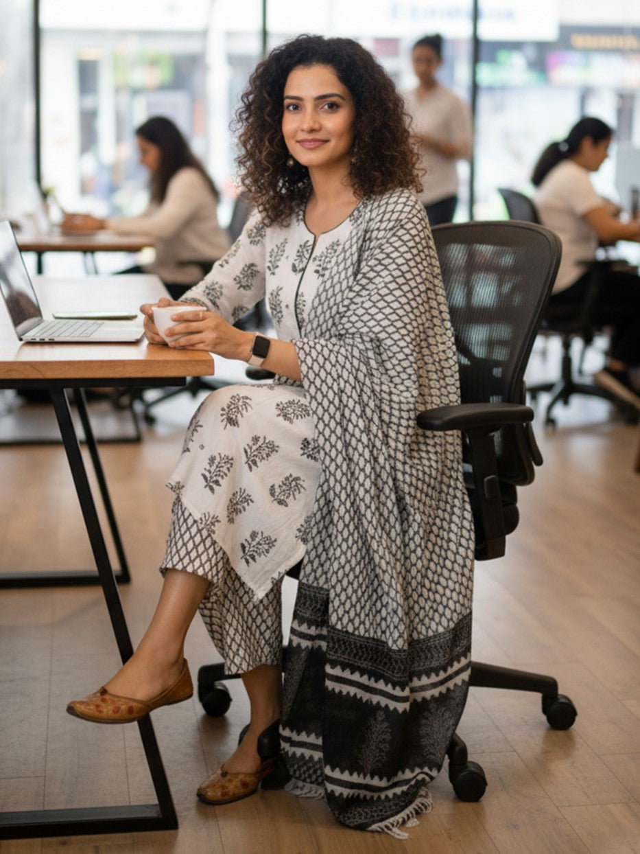 Black & White Printed Cotton Suit