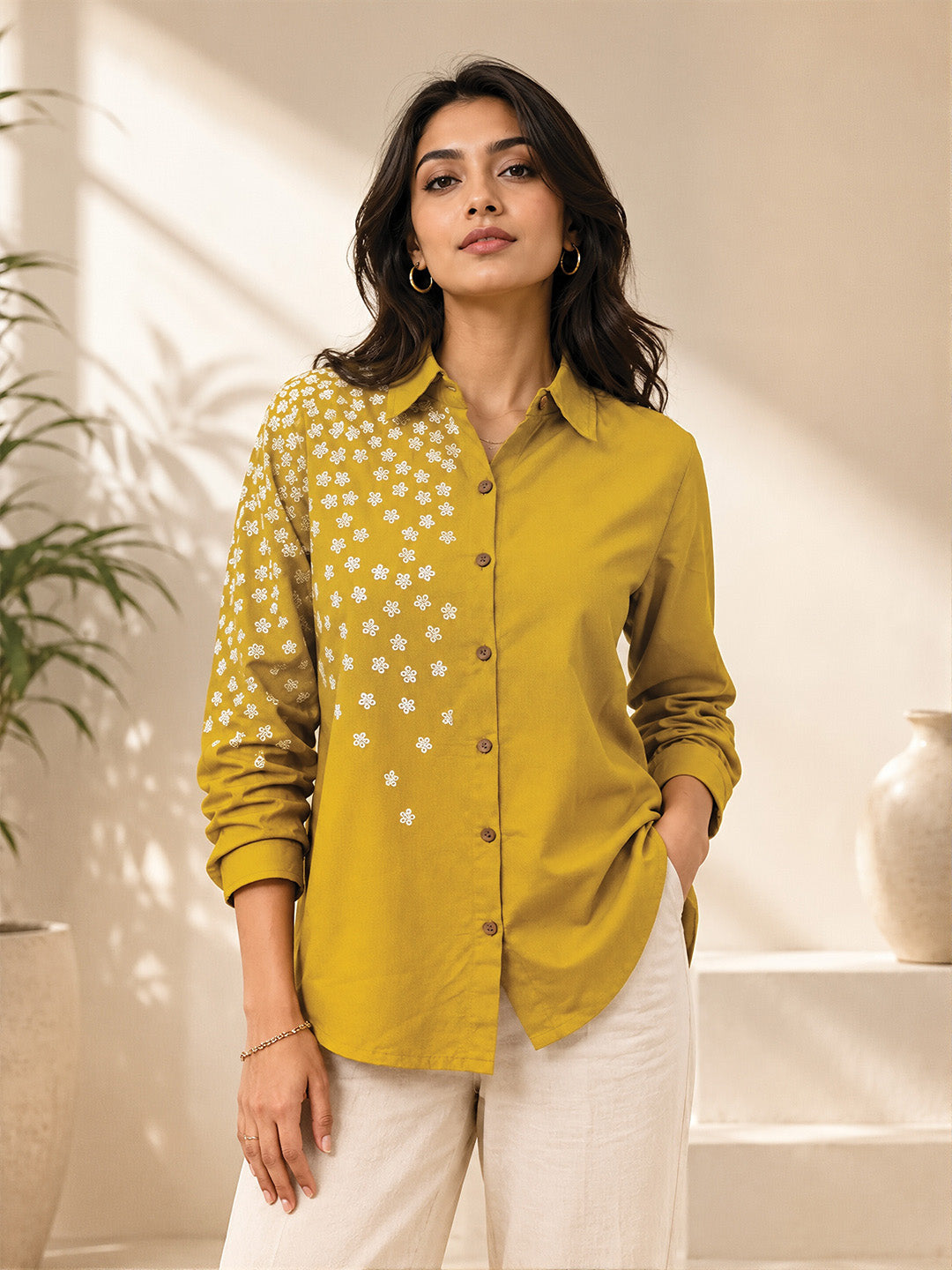Yellow Flower Embroidered Shirt