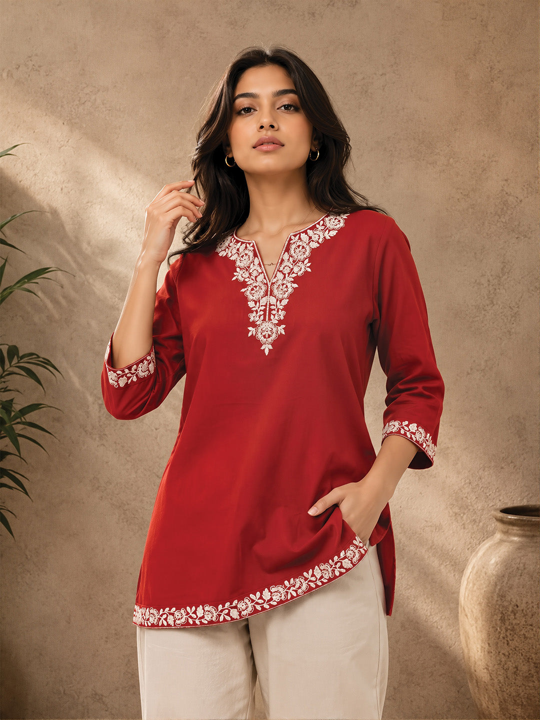 Red Floral Embroidered Short Kurta