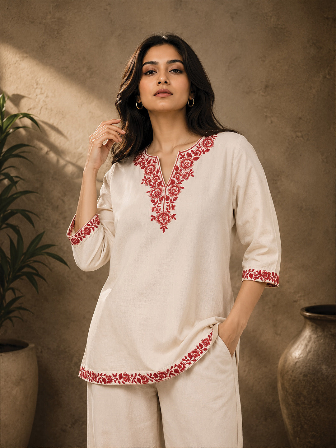 White & Red Floral Embroidered Short Kurta