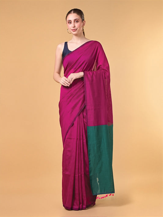 Pink Teal Green Contrast Cotton Saree