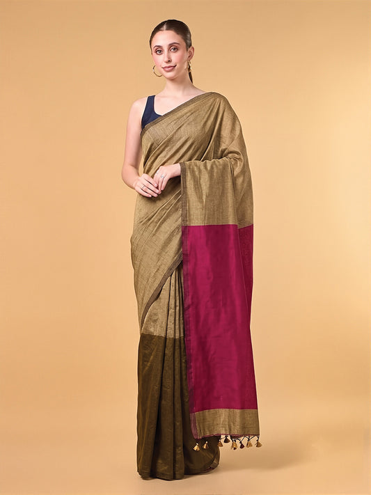 Pink Olive Contrast Cotton Saree