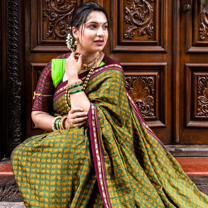 Ujwala Green Hathi Mor Cotton Khun Saree