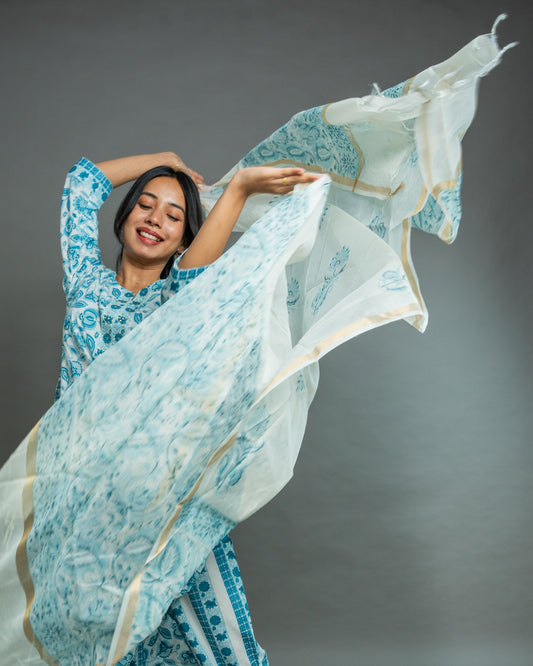 Blue White Floral With chanderi Doria Dupatta Cotton Suit