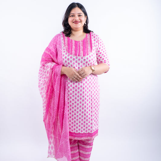 Pink Flower Printed Cotton Plus Size Suit