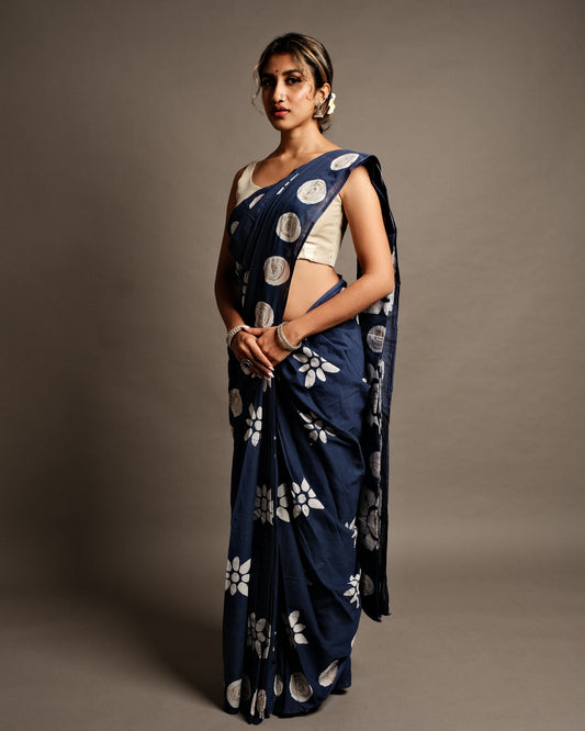 Blue Flower Motif Batik Handblock Print Mul Cotton Saree