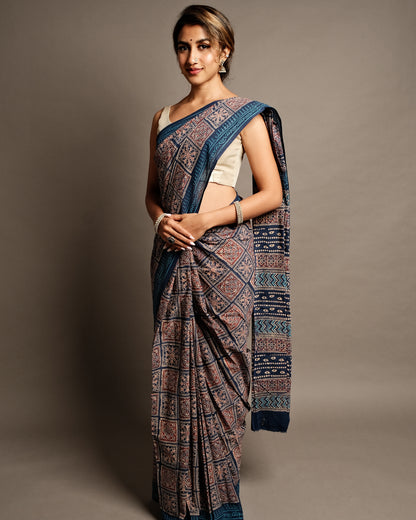 Indigo Athangudi  Ajrakh  Handblock Print Mul Cotton Saree