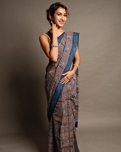 Indigo Athangudi  Ajrakh  Handblock Print Mul Cotton Saree