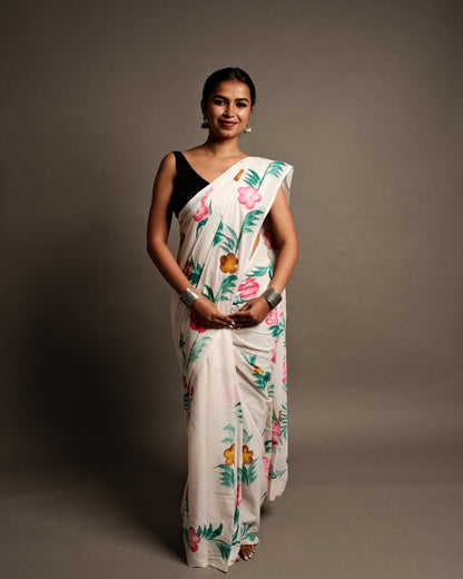 Sea Salt Floral Handblock Print Mul Cotton Saree