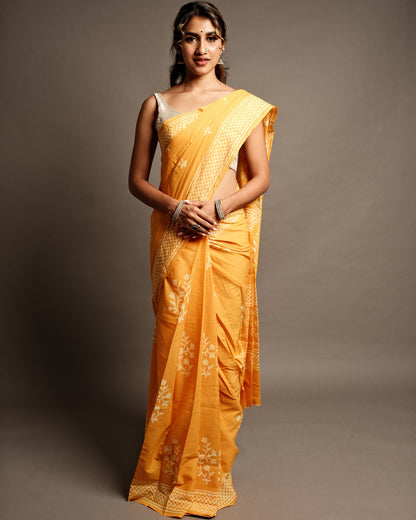 Sunny Yellow Floral Handblock Print Mul Cotton Saree