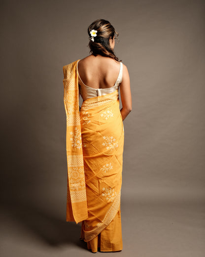 Sunny Yellow Floral Handblock Print Mul Cotton Saree