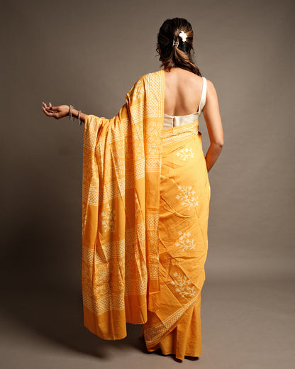 Sunny Yellow Floral Handblock Print Mul Cotton Saree