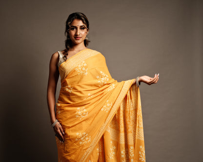 Sunny Yellow Floral Handblock Print Mul Cotton Saree