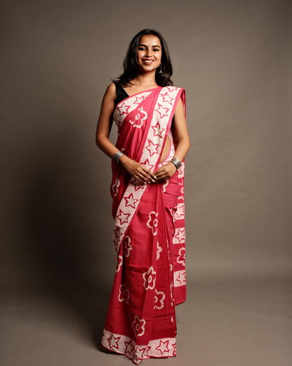 Pink Star Handblock Print Mul Cotton Saree