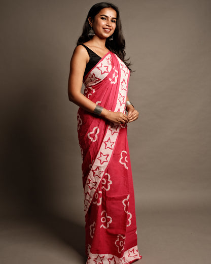 Pink Star Handblock Print Mul Cotton Saree