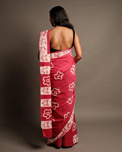 Pink Star Handblock Print Mul Cotton Saree