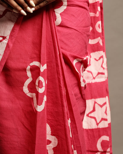 Pink Star Handblock Print Mul Cotton Saree