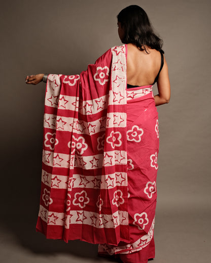 Pink Star Handblock Print Mul Cotton Saree