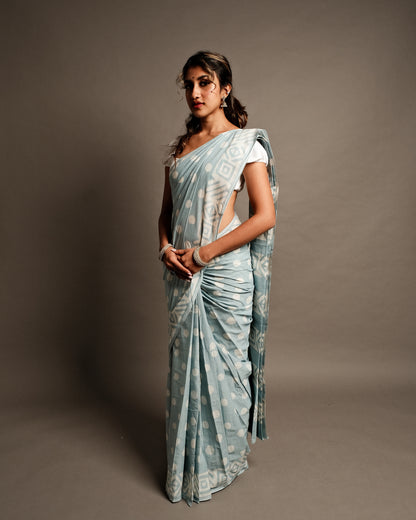 Grey Polka Dot Handblock Print Mul Cotton Saree