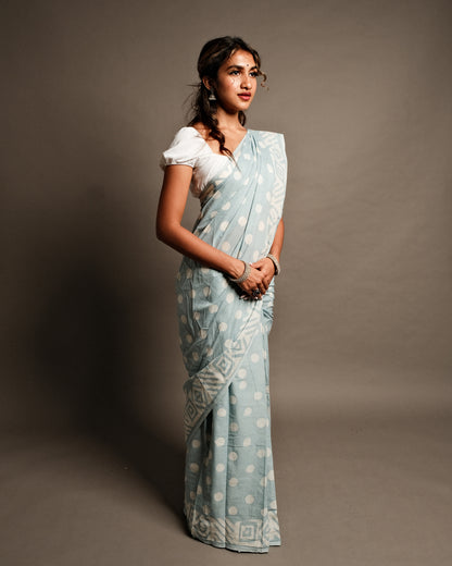 Grey Polka Dot Handblock Print Mul Cotton Saree