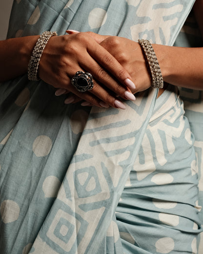 Grey Polka Dot Handblock Print Mul Cotton Saree